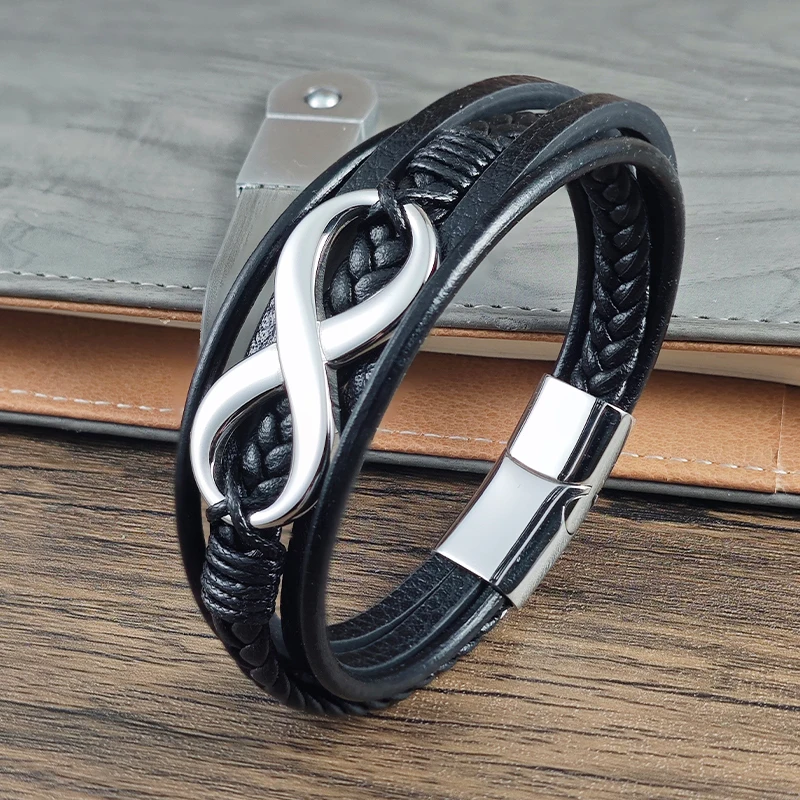 Stainless Steel Men's Leather Bracelet with 8-shaped Design Infinite Symbols Luxury Jewelry Steel/Black for Choice Birthday Gift
Stainless Steel Men's Leather Bracelet with 8-shaped Design Infinite Symbols Luxury Jewelry Steel/Black for Choice Birthday Gift