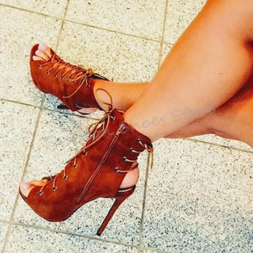 Brown Side Zipper Lace up Boots Open Toe Stilettos High Heels High Heel Shoes for Women Sexy Heels 2025 New Zapatos Para Mujere
Brown Side Zipper Lace up Boots Open Toe Stilettos High Heels High Heel Shoes for Women Sexy Heels 2025 New Zapatos Para Mujere