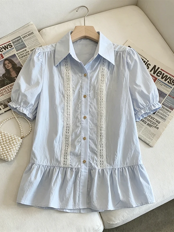 plus Size Lace Trim Short Sleeve Shirt Elegant Beautiful Doll Top Breathable Korean Style Summer New Arrival for plus Size Women
plus Size Lace Trim Short Sleeve Shirt Elegant Beautiful Doll Top Breathable Korean Style Summer New Arrival for plus Size Women