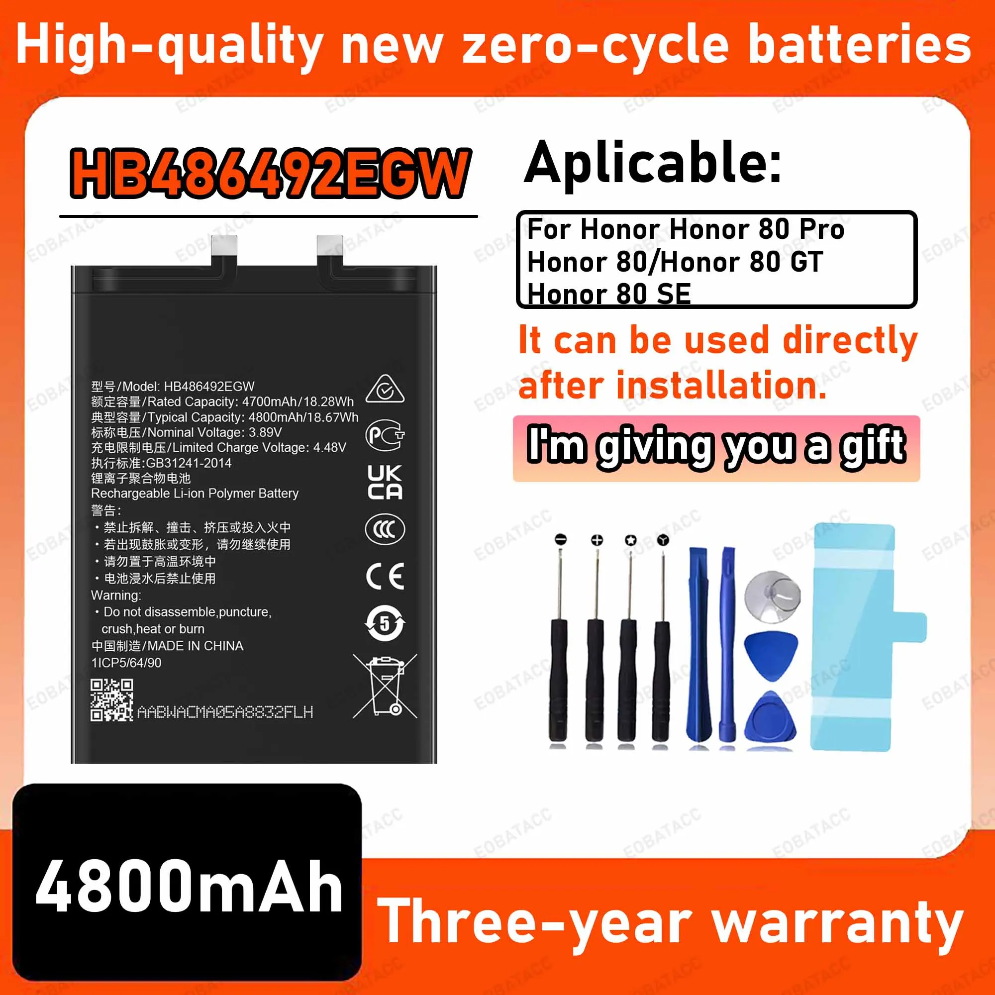 4800mAh 100% New HB486492EGW Battery For Honor 80 Pro/Honor 80/Honor 80 GT Replacement Bateria+Free Tools
4800mAh 100% New HB486492EGW Battery For Honor 80 Pro/Honor 80/Honor 80 GT Replacement Bateria+Free Tools