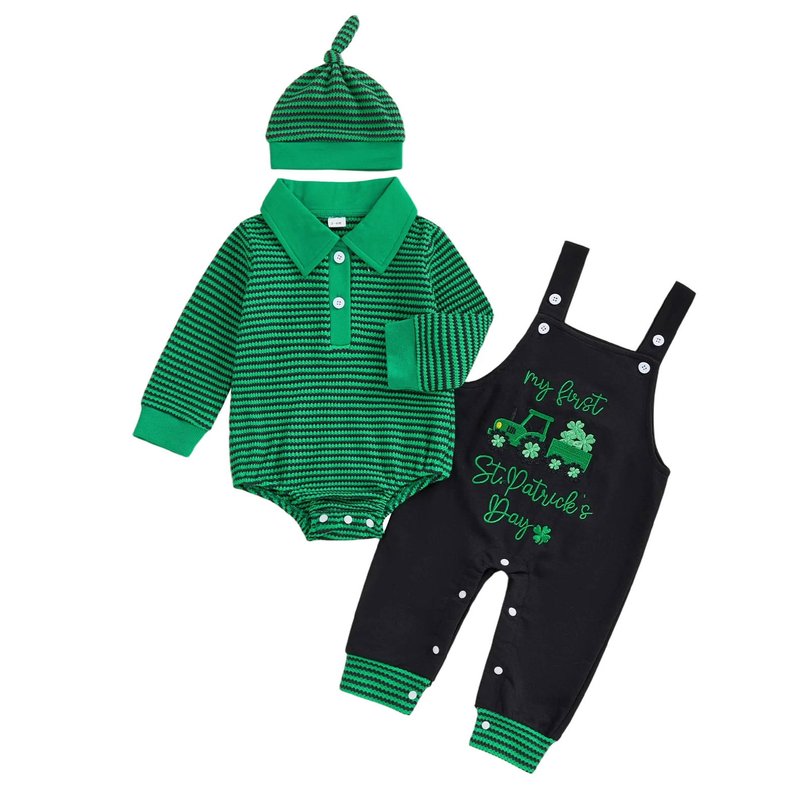 Baby Boys Irish Day Outfit Long Sleeve Lapel Striped Romper Clover Embroidery Suspender Pants Hat Sets
Baby Boys Irish Day Outfit Long Sleeve Lapel Striped Romper Clover Embroidery Suspender Pants Hat Sets