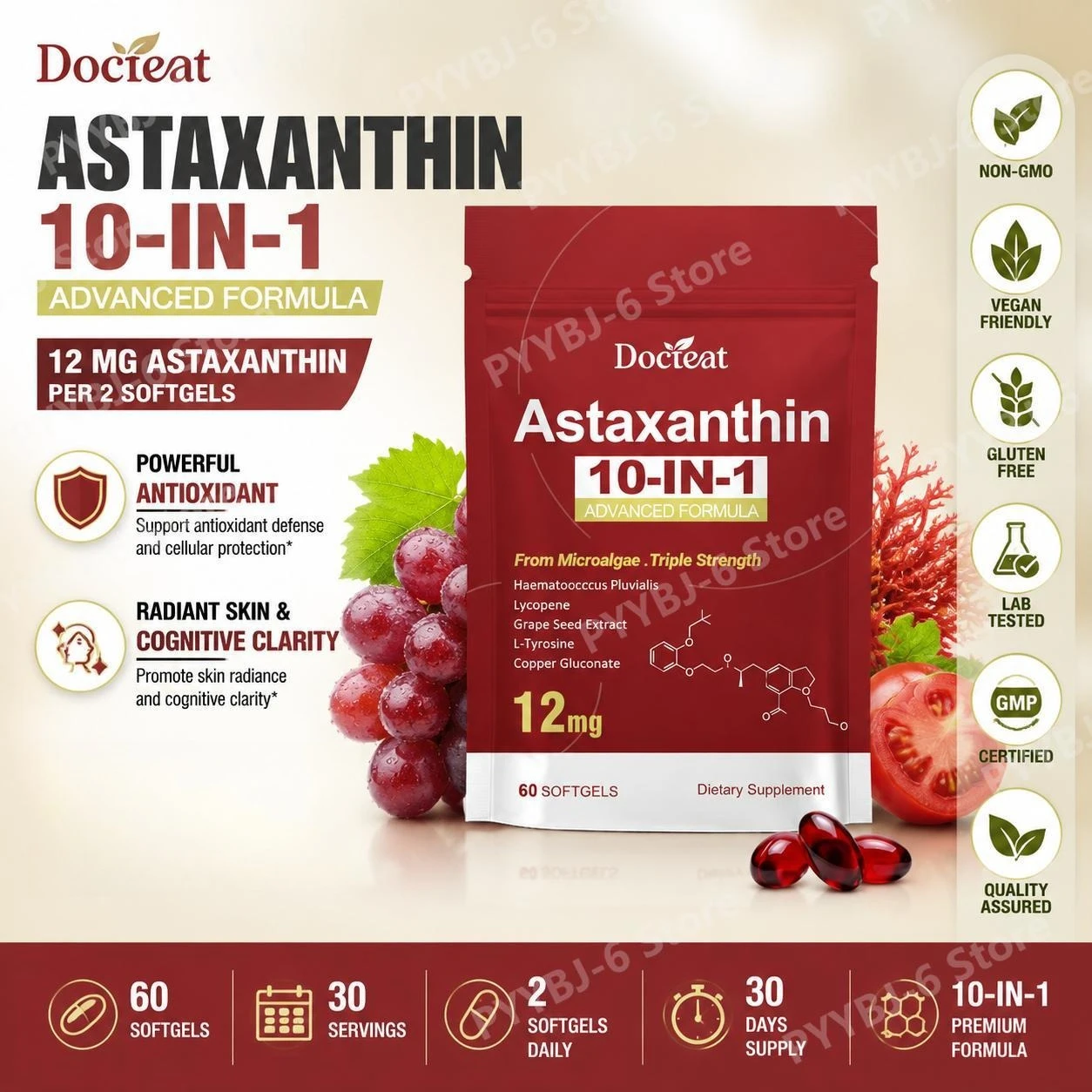Docteat Astaxanthin 10-IN-1 Softgels with 12 Mg Astaxanthin Plus Grape Seed Extract 95% OPC for Antioxidant Defense, 60 Softgels
Docteat Astaxanthin 10-IN-1 Softgels with 12 Mg Astaxanthin Plus Grape Seed Extract 95% OPC for Antioxidant Defense, 60 Softgels