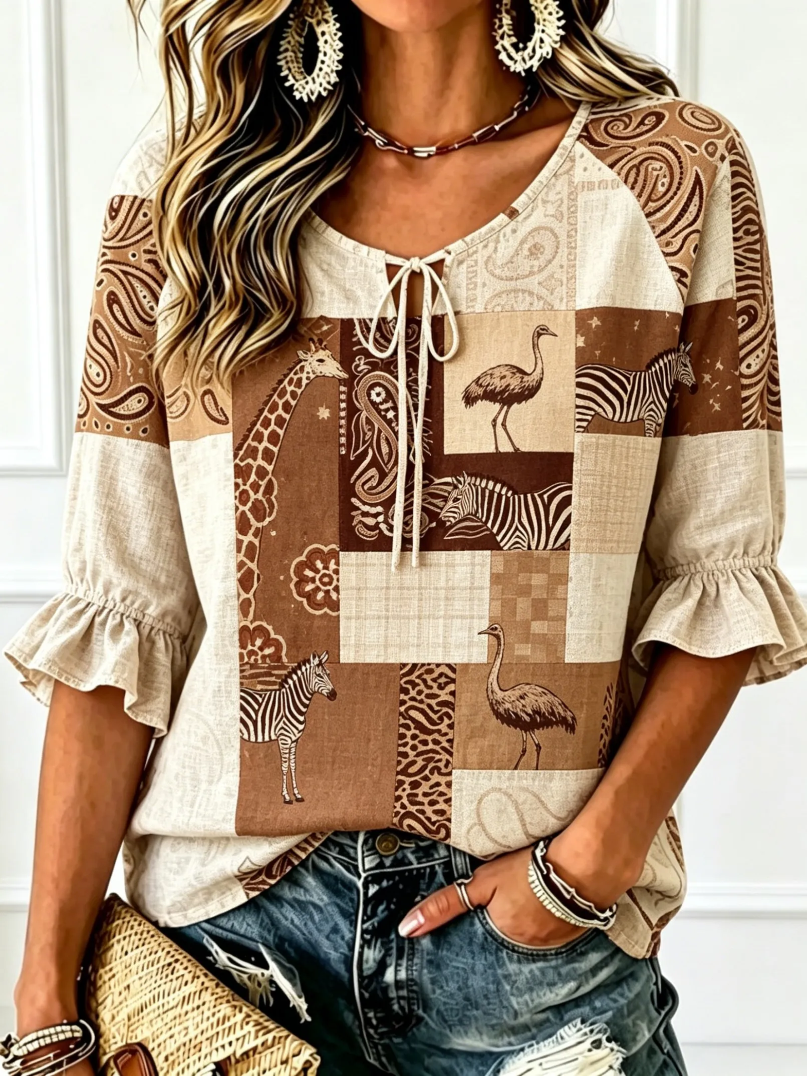 Women's Tie Keyhole Neck Blouse, Patchwork Paisley Leopard Safari Giraffe Zebra Ostrich Print, for Spring Summer Daily Outfits
Women's Tie Keyhole Neck Blouse, Patchwork Paisley Leopard Safari Giraffe Zebra Ostrich Print, for Spring Summer Daily Outfits