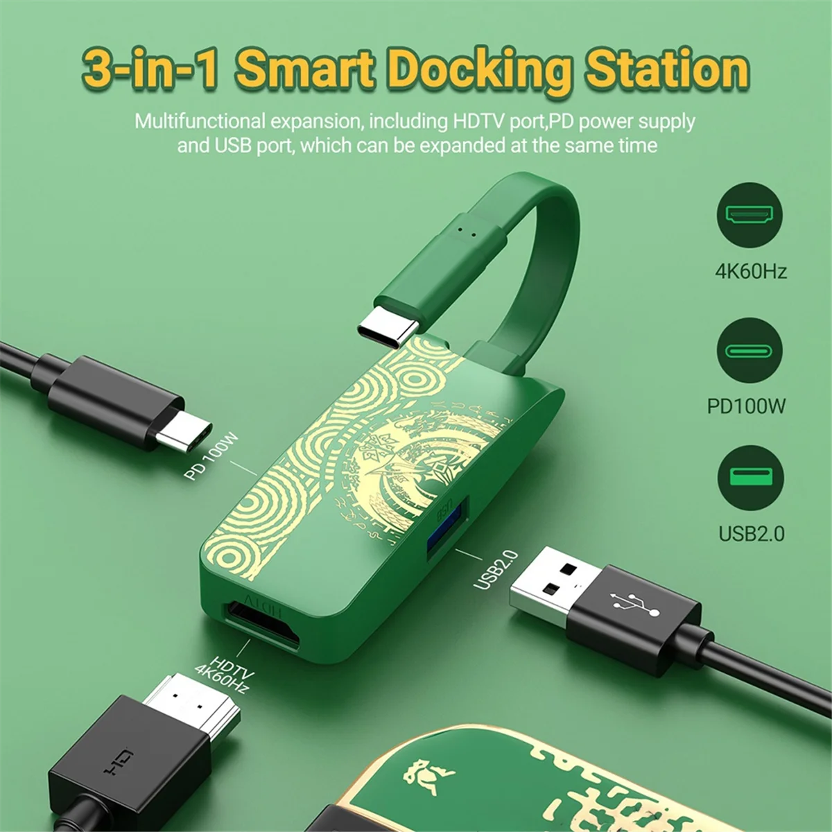 Get! 3 in 1 Game Hub Green USB-C Docking Station with USB2.0 4K60Hz HDMI-Compatible PD 100W for Laptop Switch Mobile Phone
Get! 3 in 1 Game Hub Green USB-C Docking Station with USB2.0 4K60Hz HDMI-Compatible PD 100W for Laptop Switch Mobile Phone