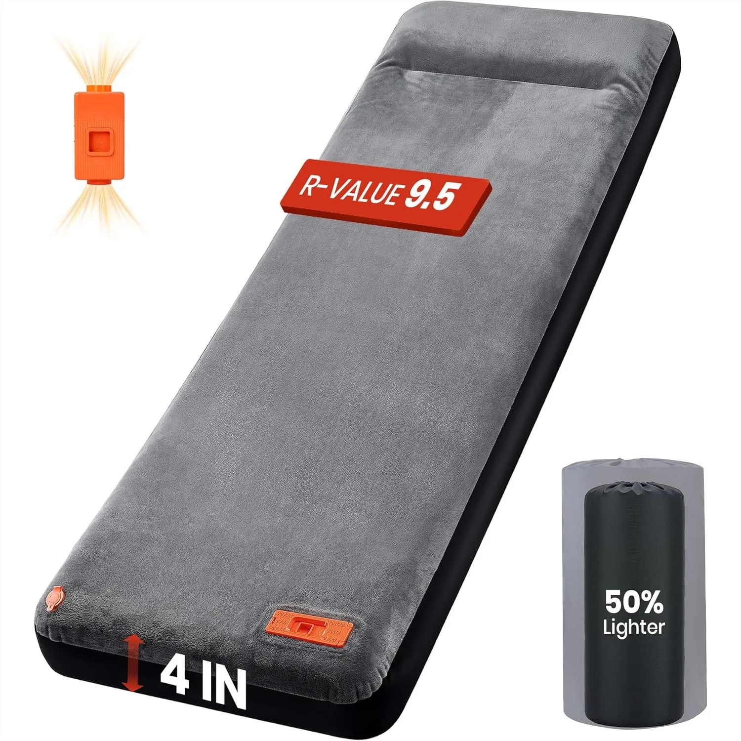 Self Inflating Sleeping Pad with Electric Pump, 4" Thick Foam, Built-in Pillow, 9.5 R-Value for Camping
Self Inflating Sleeping Pad with Electric Pump, 4" Thick Foam, Built-in Pillow, 9.5 R-Value for Camping