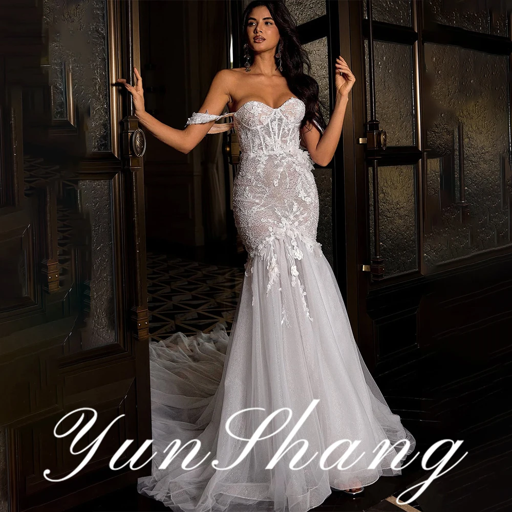 Yun Shang Customized Mermaid Wedding Dress Off Shoulder Sheer Mesh Lace Embroidered Train Bridal Attire Romantic Elegant Ceremon
Yun Shang Customized Mermaid Wedding Dress Off Shoulder Sheer Mesh Lace Embroidered Train Bridal Attire Romantic Elegant Ceremon
