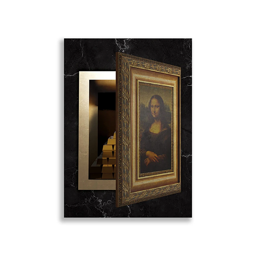 Mona Lisa Gold Safety Canvas Art, Solid Gold Brick Typographic Poster Behind Mona Lisa Portrait Hidden in Vaulted Safe
Mona Lisa Gold Safety Canvas Art, Solid Gold Brick Typographic Poster Behind Mona Lisa Portrait Hidden in Vaulted Safe