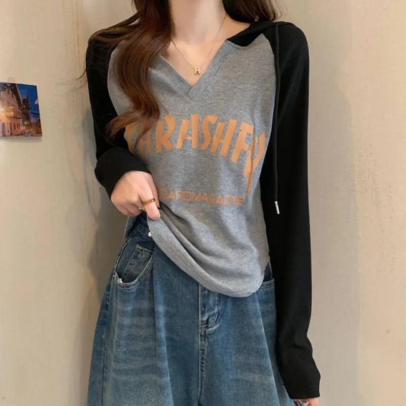 Hooded Fashion Drawstring T-shirt Spring Autumn New Letter Printed Female Clothing Casual Patchwork Korean Long Sleeve Pullovers
Hooded Fashion Drawstring T-shirt Spring Autumn New Letter Printed Female Clothing Casual Patchwork Korean Long Sleeve Pullovers
