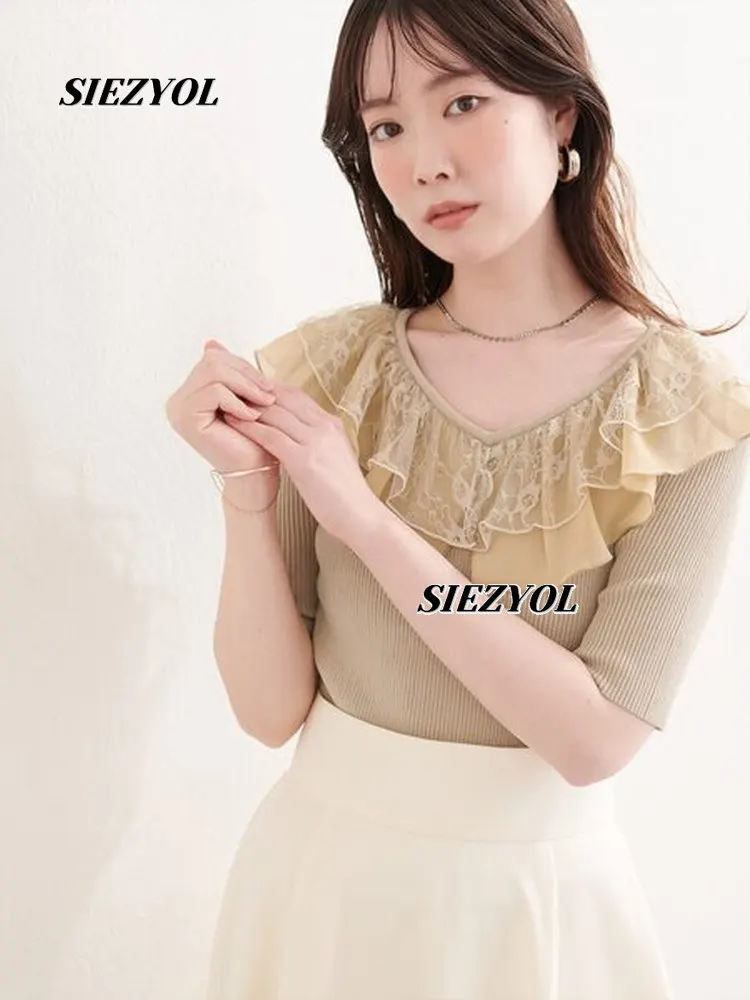 Japanese Style Summer New Arrival Sweet and Versatile Pullover Double-layer Chiffon Lace Ruffle Trim Mid-sleeve Knit Tops
Japanese Style Summer New Arrival Sweet and Versatile Pullover Double-layer Chiffon Lace Ruffle Trim Mid-sleeve Knit Tops