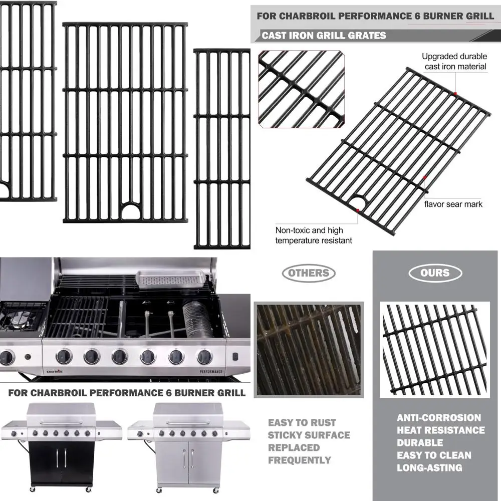 Replacement Cast Iron Grill Grates for Char-Broil Performance 6-Burner Models: 463229521, 463229021, 463228622, 463259223
Replacement Cast Iron Grill Grates for Char-Broil Performance 6-Burner Models: 463229521, 463229021, 463228622, 463259223
