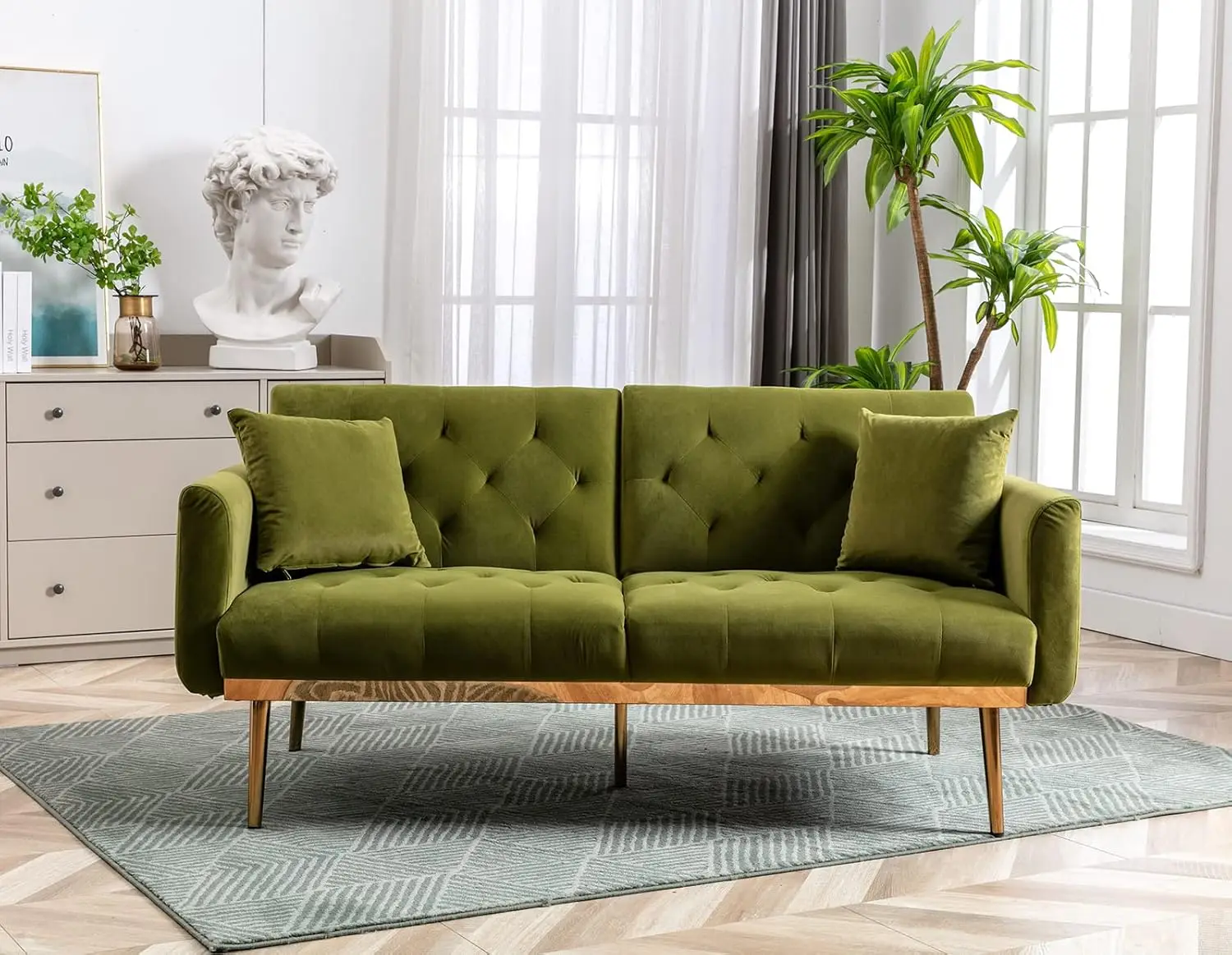 Velvet Futon Sofa Bed with 3 Adjustable Positions, Small Sleeper Sofa Loveseat with 2 Decorative Pillows (Olive Green)
Velvet Futon Sofa Bed with 3 Adjustable Positions, Small Sleeper Sofa Loveseat with 2 Decorative Pillows (Olive Green)