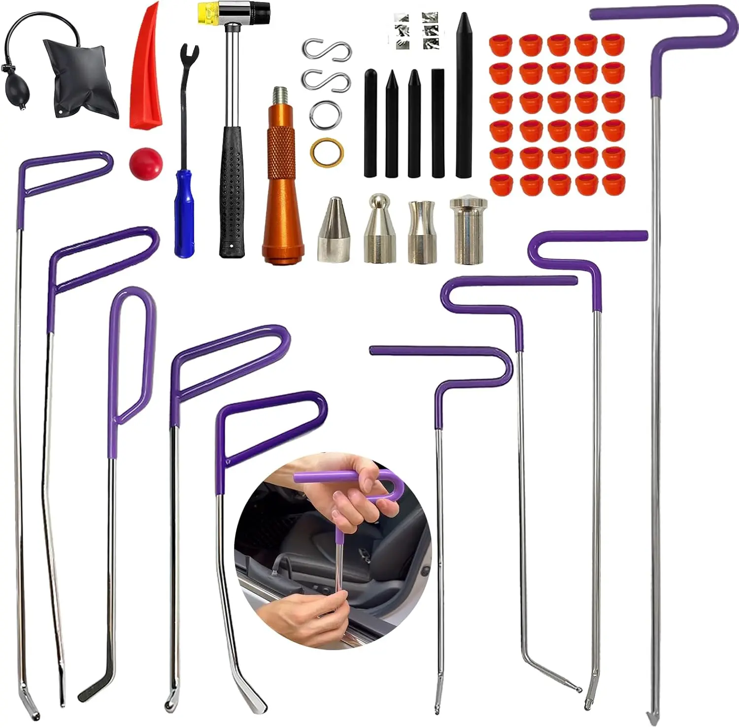 59pcs Paintless Dent Repair Tools Kit with Knock Down Pens, Soft Caps, Wedge for Car Body Hail Damage Removal
59pcs Paintless Dent Repair Tools Kit with Knock Down Pens, Soft Caps, Wedge for Car Body Hail Damage Removal