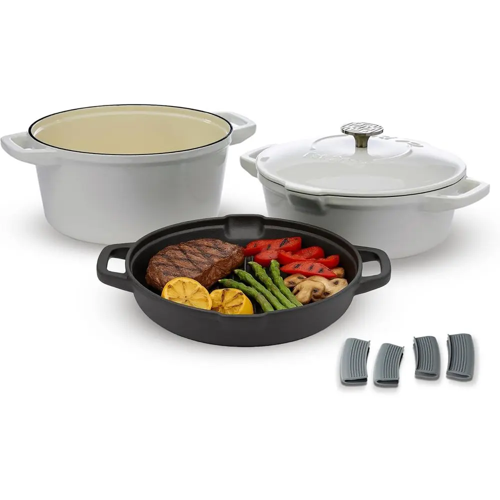 5-Piece Stackable Cast Iron Cookware Set: Enamel Dutch Oven, Grill Pan, Braiser with Pour Spouts & Lid Holders, White
5-Piece Stackable Cast Iron Cookware Set: Enamel Dutch Oven, Grill Pan, Braiser with Pour Spouts & Lid Holders, White