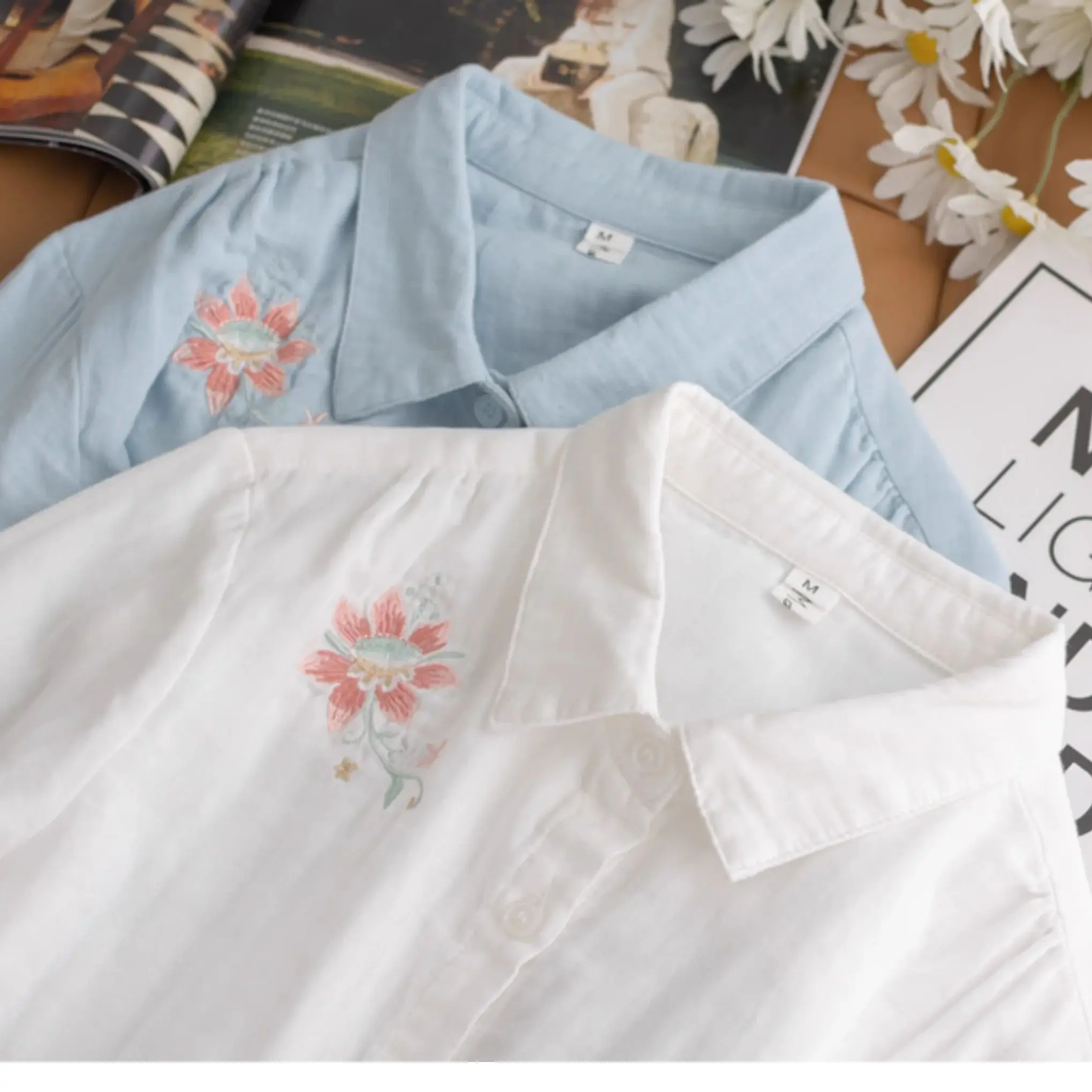 100% cotton yarn blue white flower embroider shirts and blouses for women breathable long sleeve tops ladies clothes
100% cotton yarn blue white flower embroider shirts and blouses for women breathable long sleeve tops ladies clothes