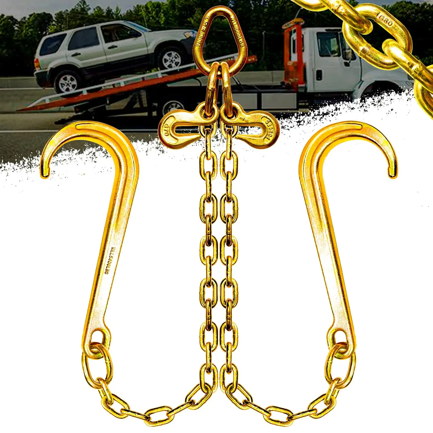 3/8 Inch G80 Steel Tow Chain Bridle With J Hooks And Grab Hooks Yellow Zinc Plated 7100 Lbs SWL
3/8 Inch G80 Steel Tow Chain Bridle With J Hooks And Grab Hooks Yellow Zinc Plated 7100 Lbs SWL