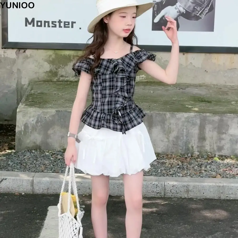 Grid Pleated Kids Ruffles Short Dress One Shoulder Neck Suspenders Girls Puff Sleeve Skirt Loose Camisole Top
Grid Pleated Kids Ruffles Short Dress One Shoulder Neck Suspenders Girls Puff Sleeve Skirt Loose Camisole Top