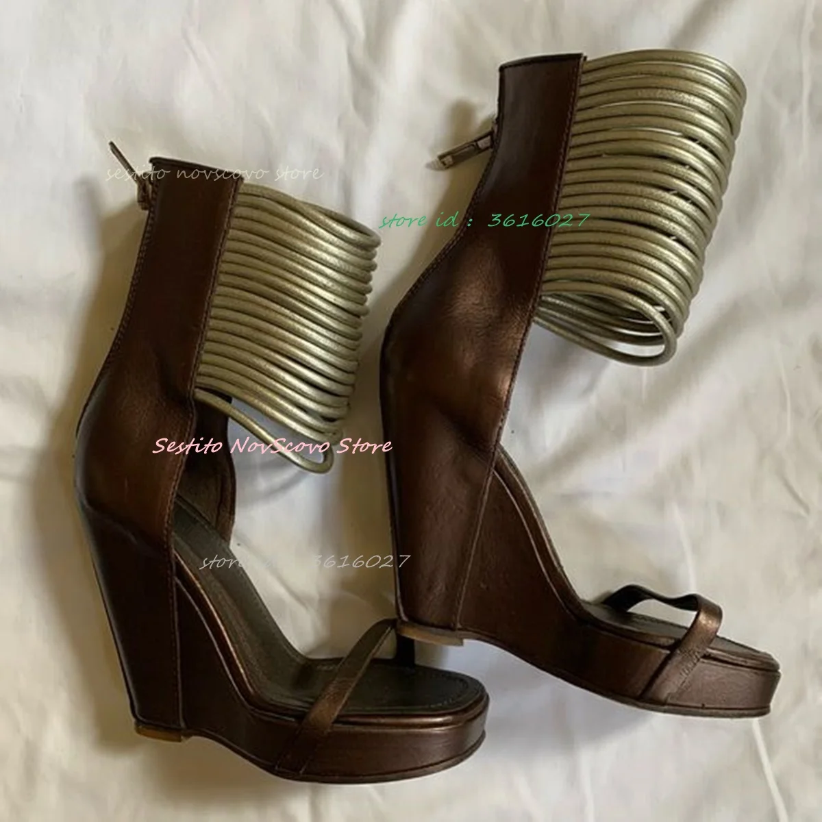Bronze Slender Upper Wedges Heeled Sandals Open Toe Slender Upper Cover Heel Back Zip Strappy Summer Vintage Single Shoes
Bronze Slender Upper Wedges Heeled Sandals Open Toe Slender Upper Cover Heel Back Zip Strappy Summer Vintage Single Shoes