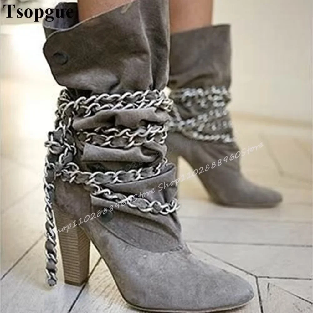 Retro Style Mid Calf Gray Flock Chain Boots Chunky High Heel Shoes For Women Slip On Pointed Toe Occidental Party Stylish Boots
Retro Style Mid Calf Gray Flock Chain Boots Chunky High Heel Shoes For Women Slip On Pointed Toe Occidental Party Stylish Boots