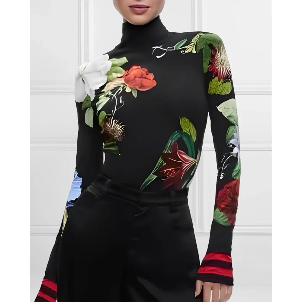 Autumn Winter Women's Vintage Pullover Tops Long Sleeves Skinny Floral Printed Split-Joint High Neck Trendy T-shirts for Woman
Autumn Winter Women's Vintage Pullover Tops Long Sleeves Skinny Floral Printed Split-Joint High Neck Trendy T-shirts for Woman