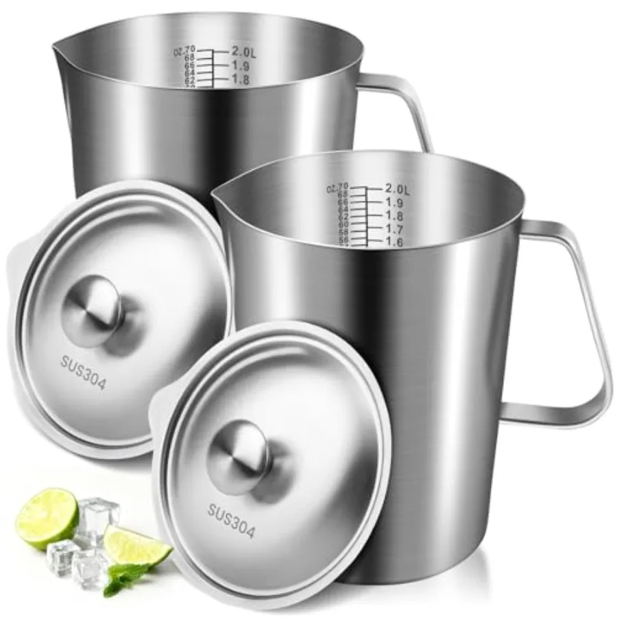 2 Pcs Stainless Steel Pitcher with Lid, 70 oz/ 2 L Large Mouth Graduated Measuring Cup with Marking and Handle, Milk Frothing J
2 Pcs Stainless Steel Pitcher with Lid, 70 oz/ 2 L Large Mouth Graduated Measuring Cup with Marking and Handle, Milk Frothing J