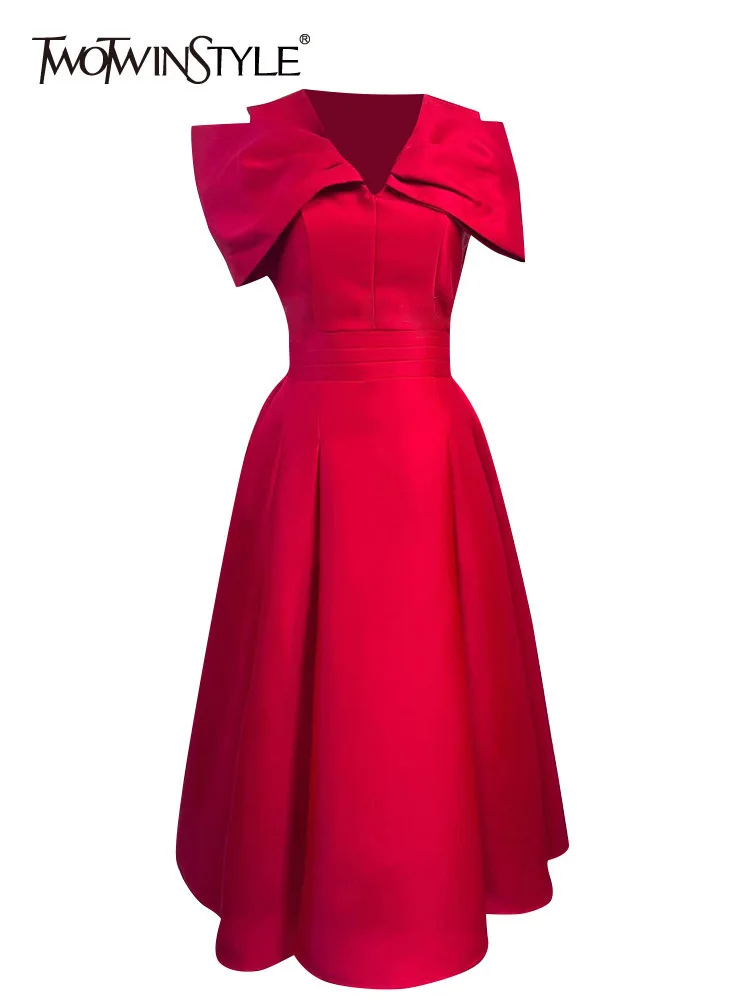 TWOTWINSTYLE Solid Elegant Chic Dresses For Women V Neck Sleeveless High Waist Temperament A Line Dresses Female Fashion Style
TWOTWINSTYLE Solid Elegant Chic Dresses For Women V Neck Sleeveless High Waist Temperament A Line Dresses Female Fashion Style
