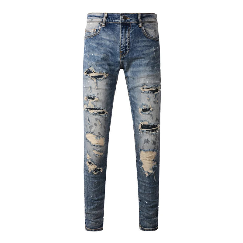Fashionable new jeans with stretch, slim fit, perforated patch, washed blue jeans, designer of high street hip-hop brand, high-q
Fashionable new jeans with stretch, slim fit, perforated patch, washed blue jeans, designer of high street hip-hop brand, high-q