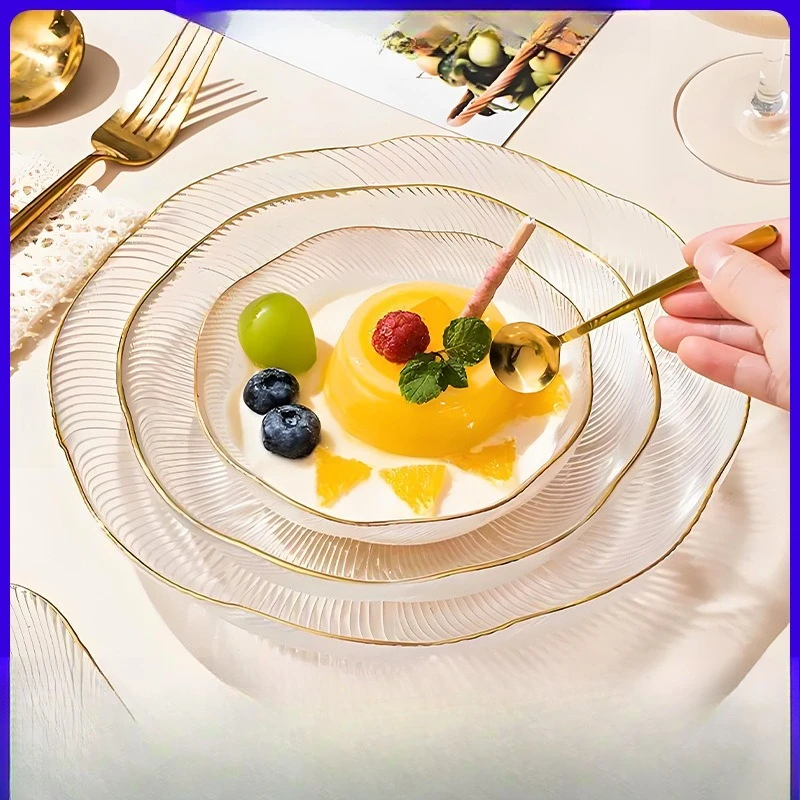LH simple style heat-resistant glass flower-shaped transparent gold-painted fruit plate dinner plate
LH simple style heat-resistant glass flower-shaped transparent gold-painted fruit plate dinner plate