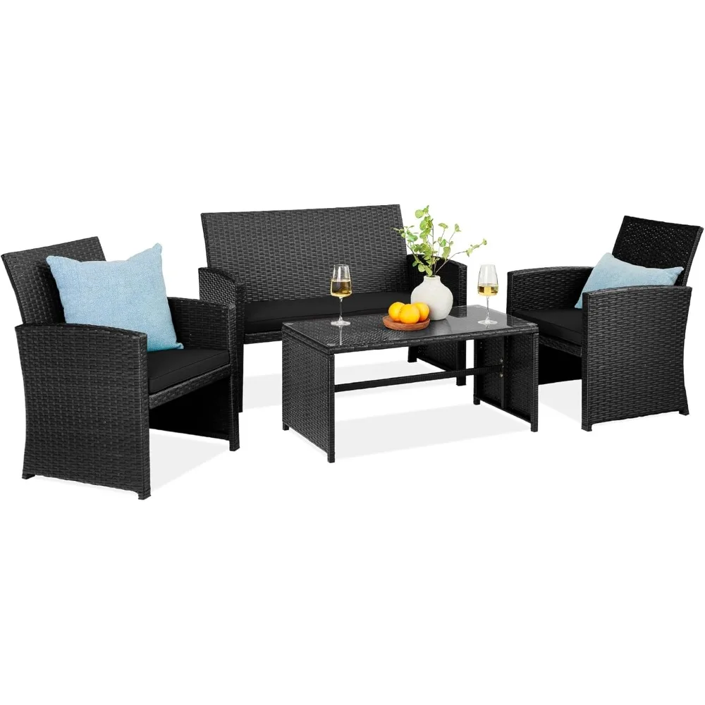 4-Piece Outdoor Wicker Patio Conversation Furniture Set for Backyard w/Coffee Table, Seat Cushions - Black/Black
4-Piece Outdoor Wicker Patio Conversation Furniture Set for Backyard w/Coffee Table, Seat Cushions - Black/Black