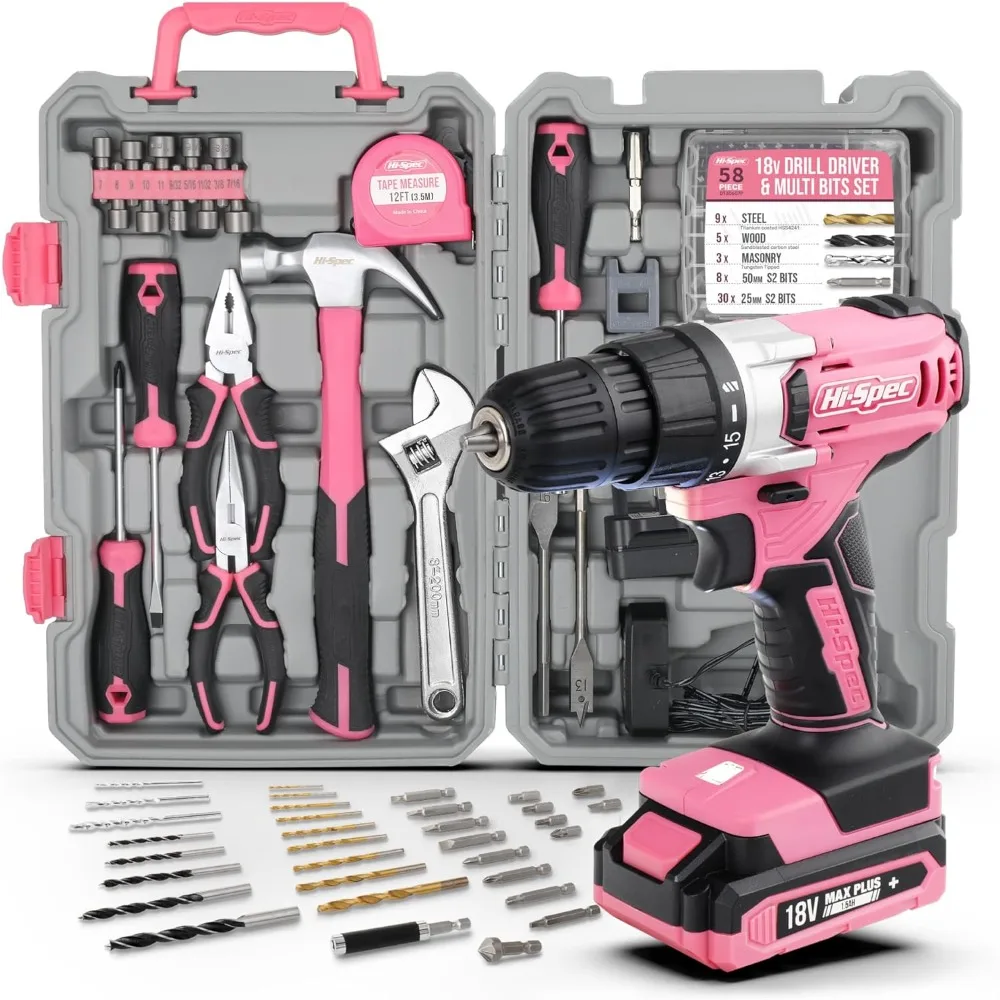 Hi-Spec 81pc Pink 18V Cordless Ladies Electric Power Drill Driver Set. Complete Womens Home and Garage Hand Toolbox Kit Set for
Hi-Spec 81pc Pink 18V Cordless Ladies Electric Power Drill Driver Set. Complete Womens Home and Garage Hand Toolbox Kit Set for