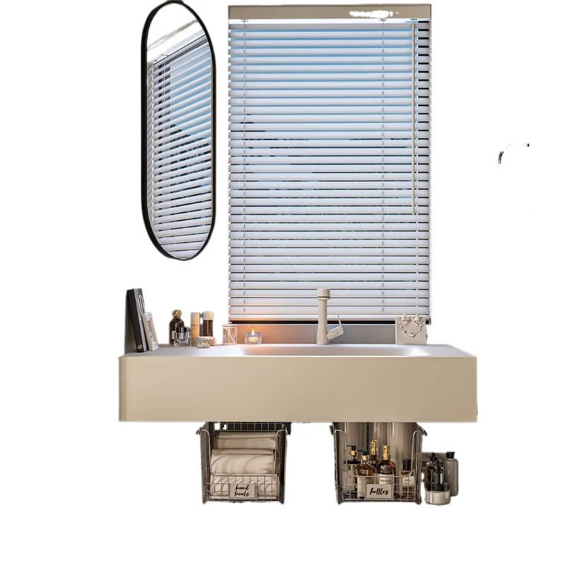 Minimalist wind Corian rock slab hot bending integrated basin suspended rubber wood smart bathroom cabinet combination
Minimalist wind Corian rock slab hot bending integrated basin suspended rubber wood smart bathroom cabinet combination