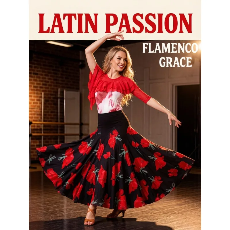 S-3XL Red Printed Latin Dance Top Summer Crew Mid Sleeve Training Costume Plus Black Flared Skirt Ballroom Practice Outfit
S-3XL Red Printed Latin Dance Top Summer Crew Mid Sleeve Training Costume Plus Black Flared Skirt Ballroom Practice Outfit
