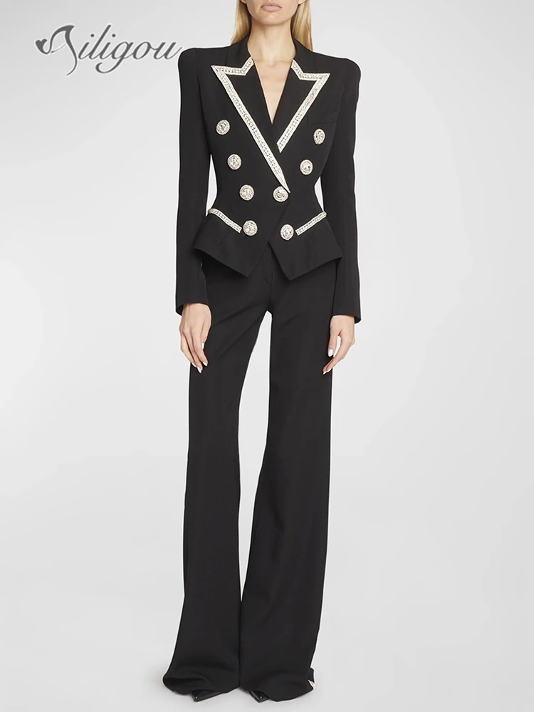 Ailigou 2024 New Women's Fashion Black Jacket Diamond Double breasted Suit Blazer Diamond Decorative Straight Leg Pants Set
Ailigou 2024 New Women's Fashion Black Jacket Diamond Double breasted Suit Blazer Diamond Decorative Straight Leg Pants Set