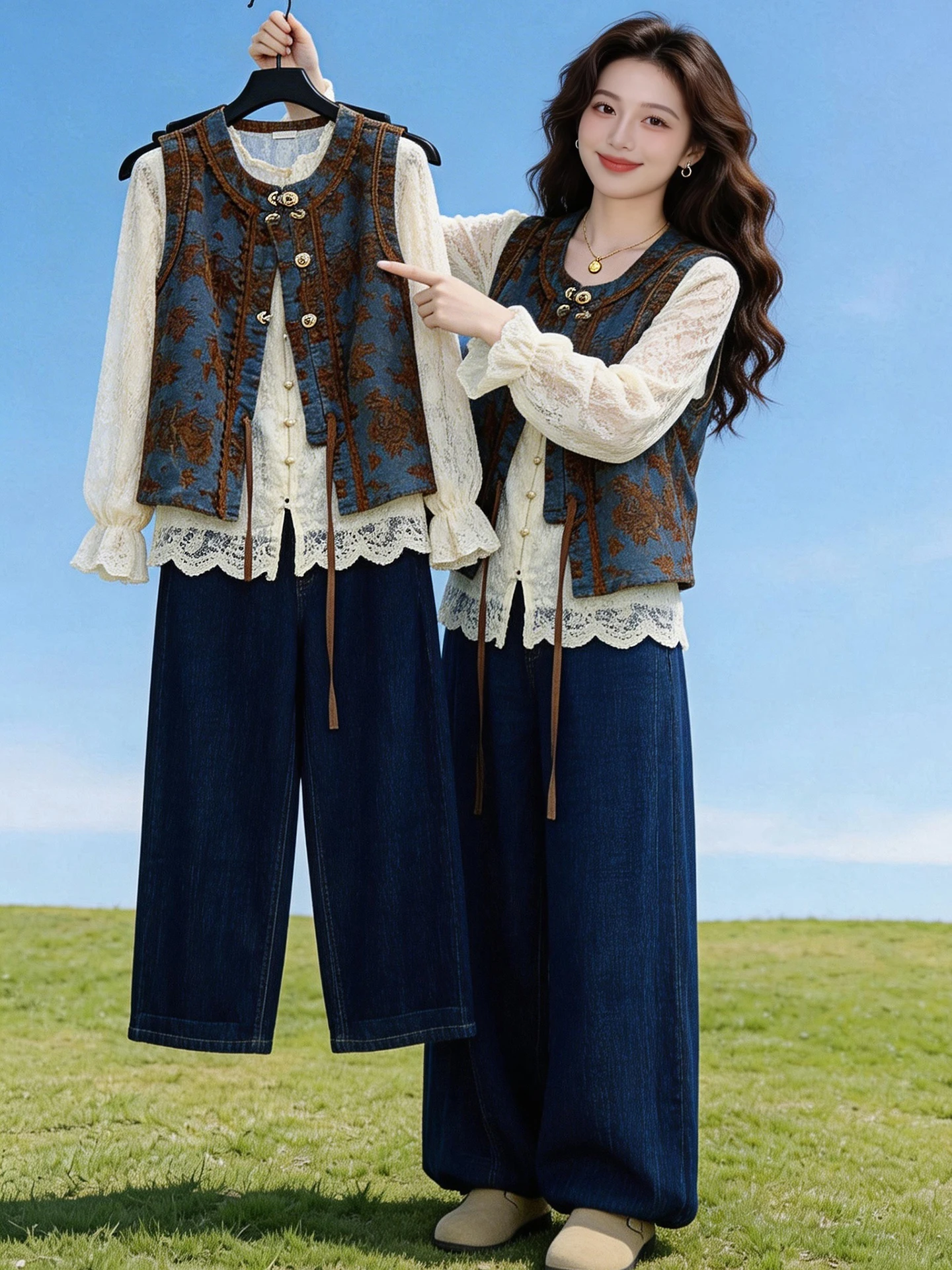 Artistic Heavy Embroidery Denim Shirt Collared Wide Leg Lantern Pants Three Piece Set Spring Autumn Women's Fashion Ensemble
Artistic Heavy Embroidery Denim Shirt Collared Wide Leg Lantern Pants Three Piece Set Spring Autumn Women's Fashion Ensemble