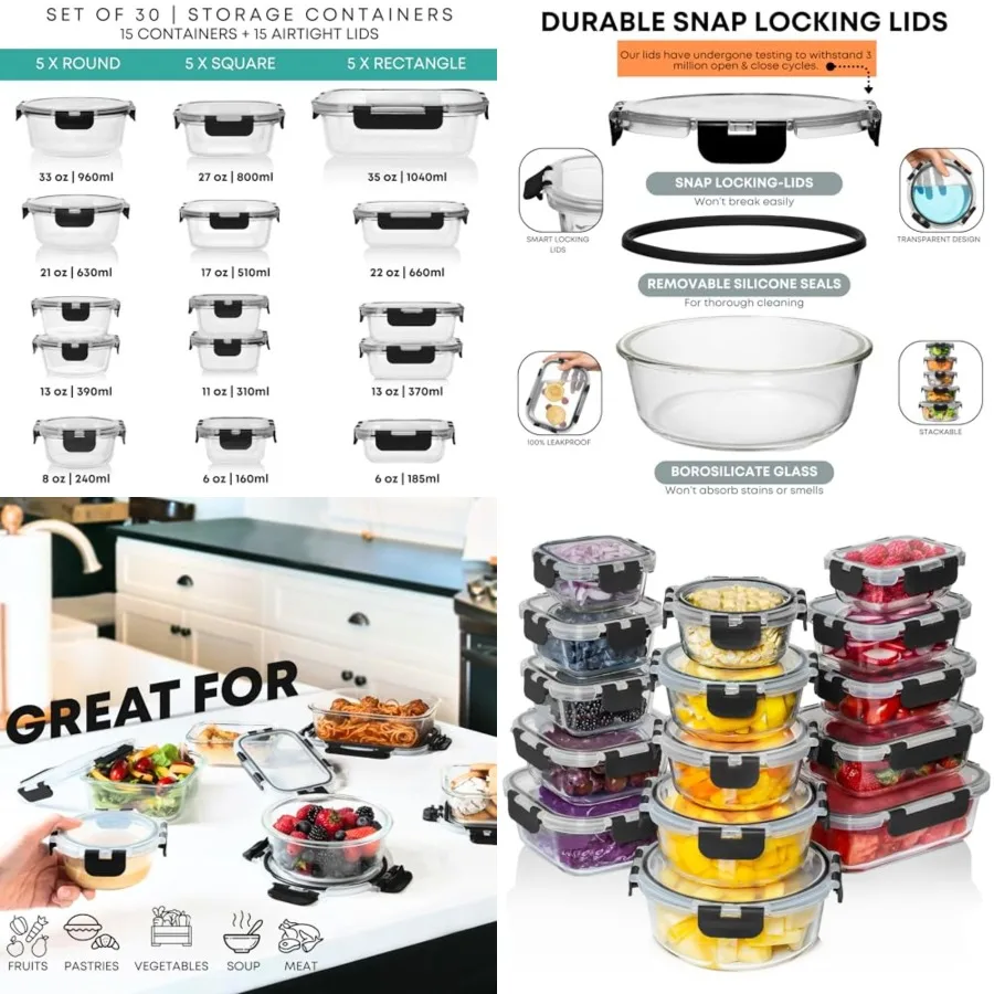 30 PC Glass Food Storage Containers with Lids - Reusable Glass Meal Prep Containers for Lunch and Leftovers - Airtight and Leak
30 PC Glass Food Storage Containers with Lids - Reusable Glass Meal Prep Containers for Lunch and Leftovers - Airtight and Leak