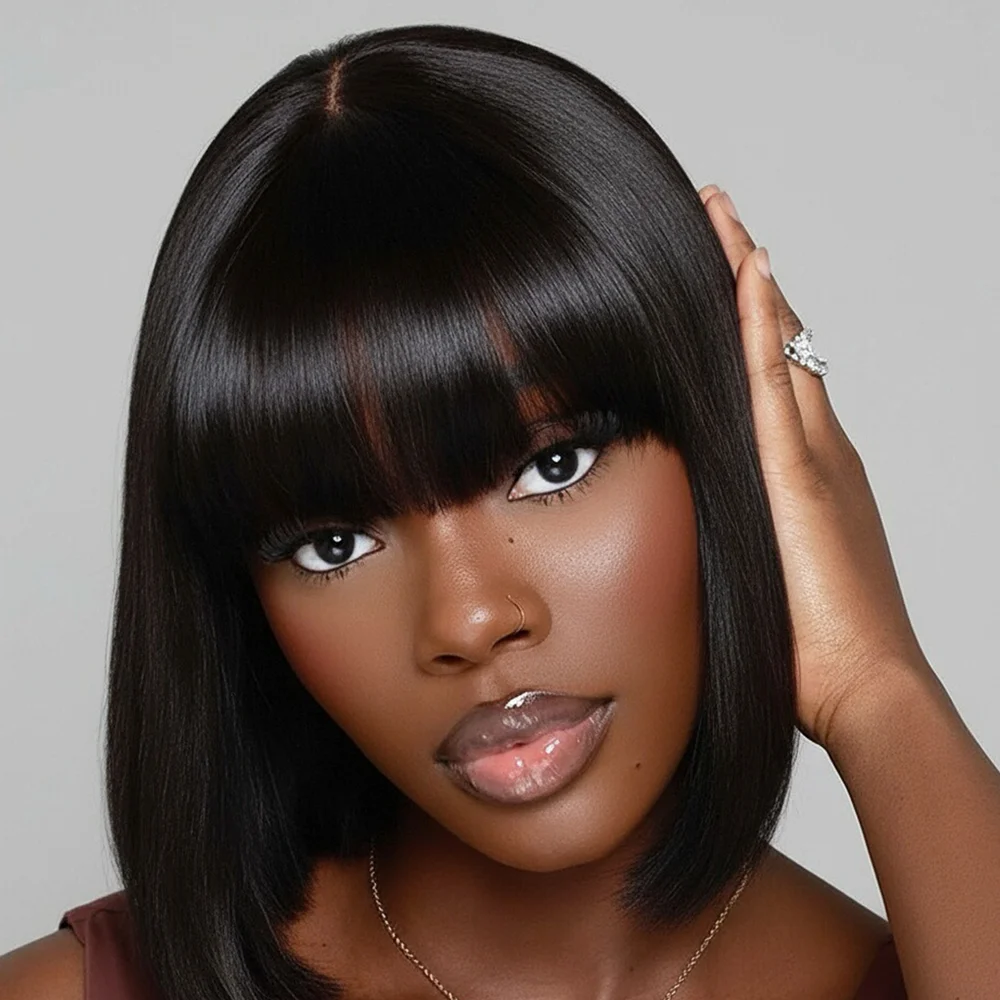 4X2 HD Straight Bob Wig Human Hair with Bangs Transparent Lace Closure Wig for Women Black Ready to Go Short Human Hair Wigs 
4X2 HD Straight Bob Wig Human Hair with Bangs Transparent Lace Closure Wig for Women Black Ready to Go Short Human Hair Wigs