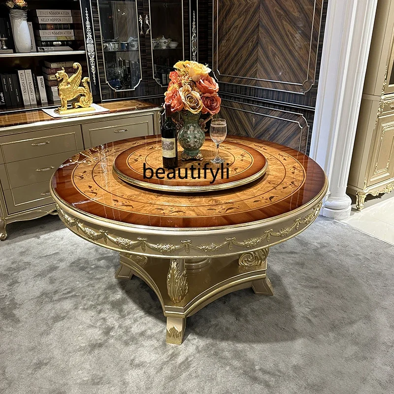 A38 French solid wood round dining table and chair combination, European luxury champagne gold carved dining table for home use
A38 French solid wood round dining table and chair combination, European luxury champagne gold carved dining table for home use