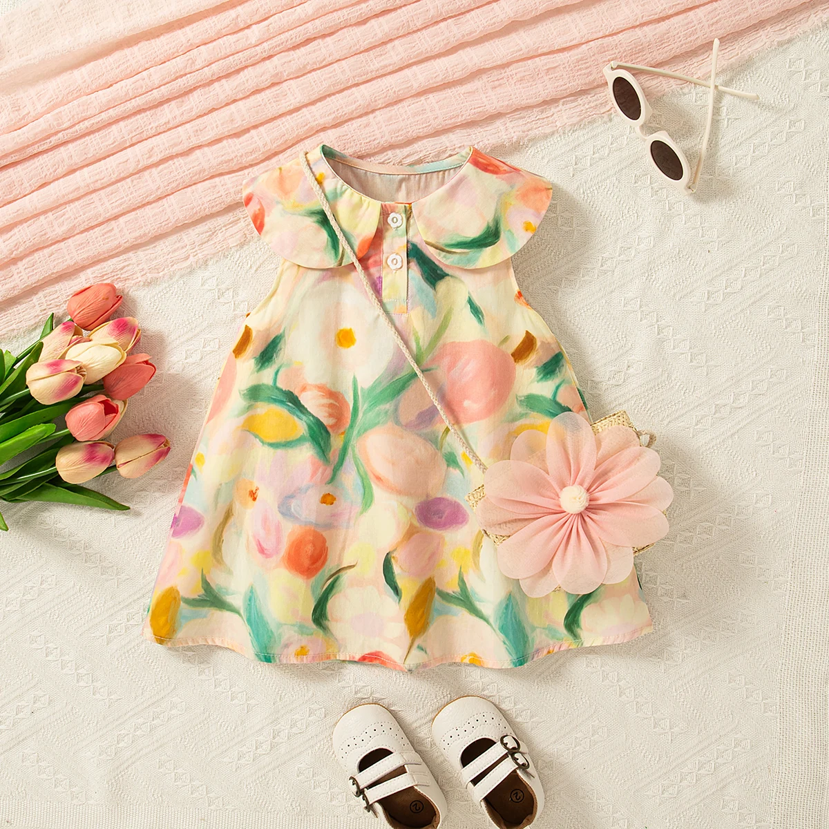 Summer Flower Printed Cotton Dress for Baby Girl Cute Doll Collared Baby Dress Send Flower Bag 
Summer Flower Printed Cotton Dress for Baby Girl Cute Doll Collared Baby Dress Send Flower Bag