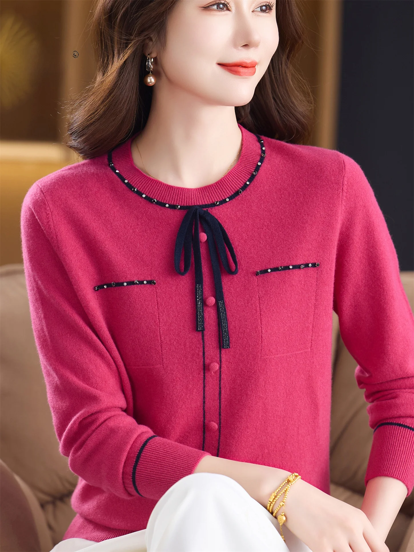 Autumn Winter Women's Knitted Sweater Full Wool Red round Neck Long Sleeve Knot Slimming Warmth Elderly Fashion
Autumn Winter Women's Knitted Sweater Full Wool Red round Neck Long Sleeve Knot Slimming Warmth Elderly Fashion