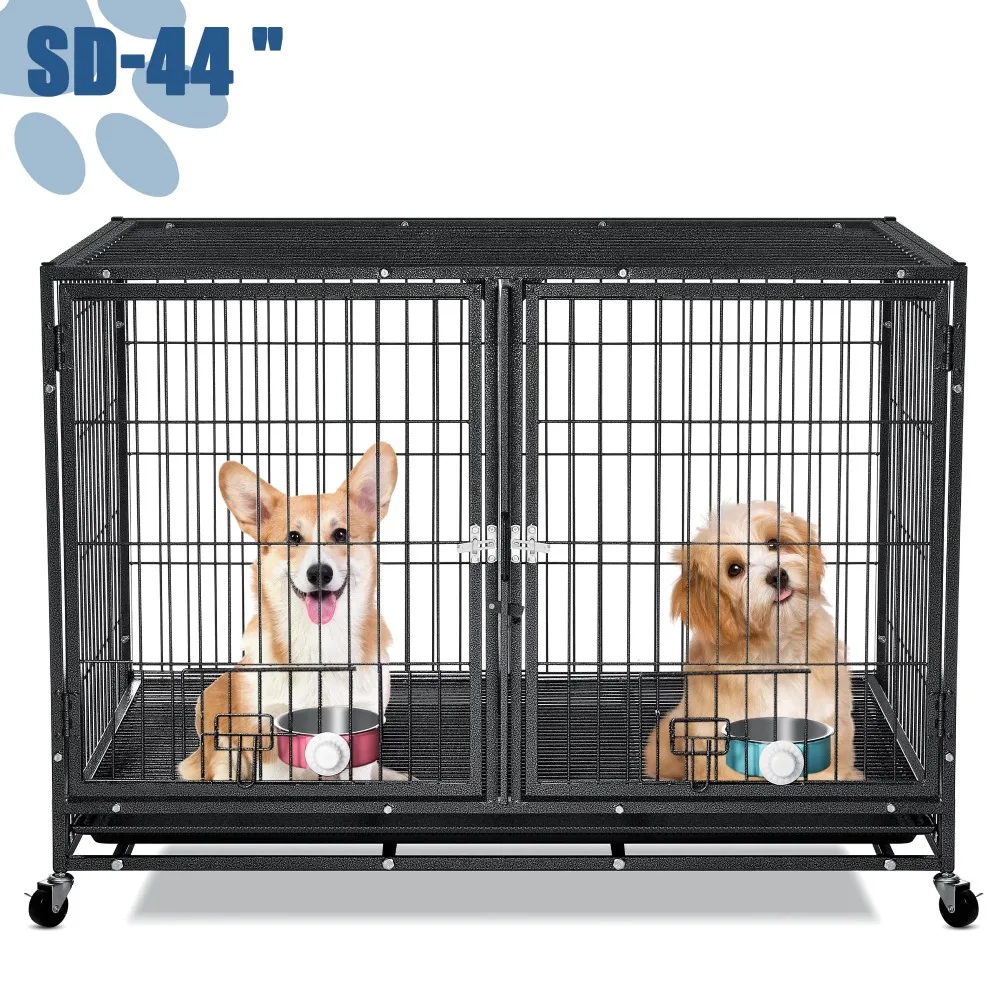 44" Heavy Duty Dog Crate, Stackable Metal Kennels with Wheels, Sturdy Locks, Feeding Bowls, Leak-Proof Pan & Removable Tray
44" Heavy Duty Dog Crate, Stackable Metal Kennels with Wheels, Sturdy Locks, Feeding Bowls, Leak-Proof Pan & Removable Tray