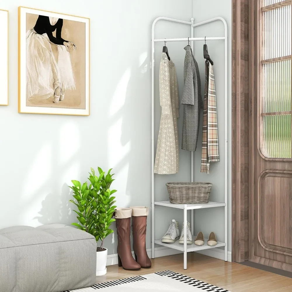 Corner Coat Rack with Storage, Simple Hall Tree with Hanging Rod & 2 Mesh Shelves, Anti-toppling Devices, Freestanding Metal.
Corner Coat Rack with Storage, Simple Hall Tree with Hanging Rod & 2 Mesh Shelves, Anti-toppling Devices, Freestanding Metal.