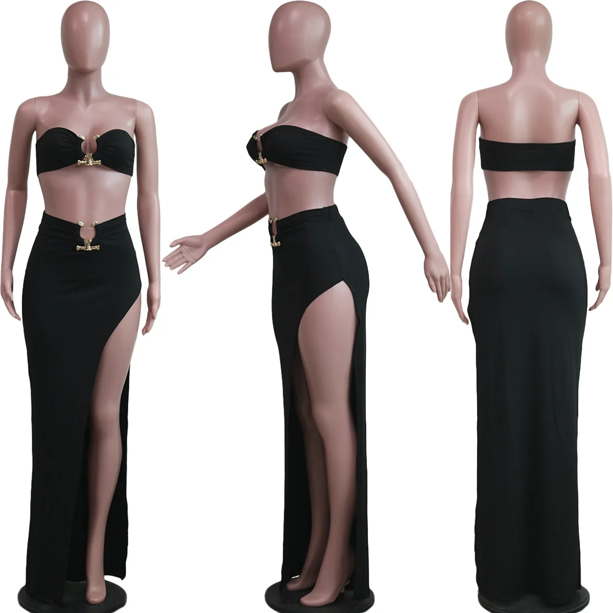 Sexy High Split Party Maxi Dress Sets Women 2 Piece Night Club Outfits Metal Ring Strapless Crop Top and Long Skirt Set Elegant
Sexy High Split Party Maxi Dress Sets Women 2 Piece Night Club Outfits Metal Ring Strapless Crop Top and Long Skirt Set Elegant