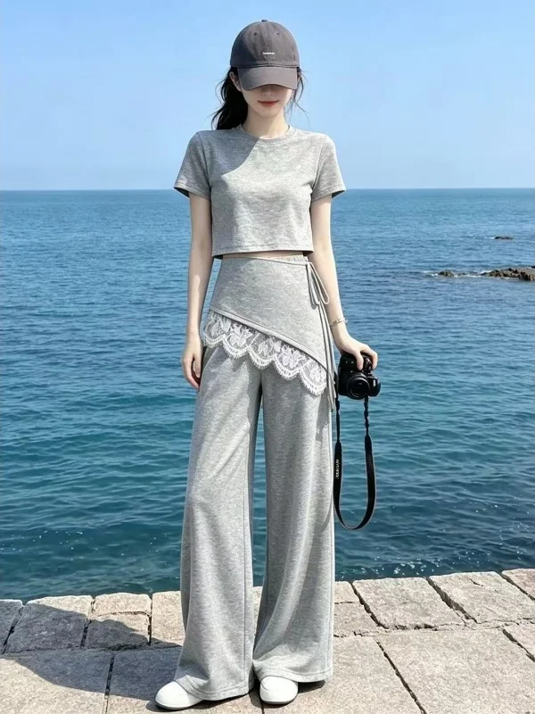Grey Lace Short Sleeve Wide Leg Pants Two Piece Set Casual Loose Feeling Summer Fashion Ensemble for Young Women
Grey Lace Short Sleeve Wide Leg Pants Two Piece Set Casual Loose Feeling Summer Fashion Ensemble for Young Women