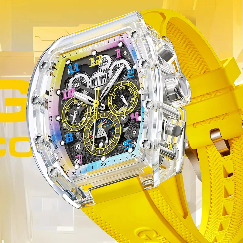BONEST GATTI Automatic Watch Tonneau Mechanical Wristwatch K9 Crystal Case Rubber Strap Multi Dial Watches For Men
BONEST GATTI Automatic Watch Tonneau Mechanical Wristwatch K9 Crystal Case Rubber Strap Multi Dial Watches For Men