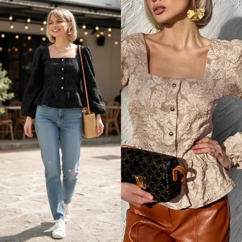 Women's Vintage Jacquard Blouse Square Collar Puff Sleeve Slim Fit Elegant Fabric Ruffled Tunic Top For Daily Office Party Wear
Women's Vintage Jacquard Blouse Square Collar Puff Sleeve Slim Fit Elegant Fabric Ruffled Tunic Top For Daily Office Party Wear