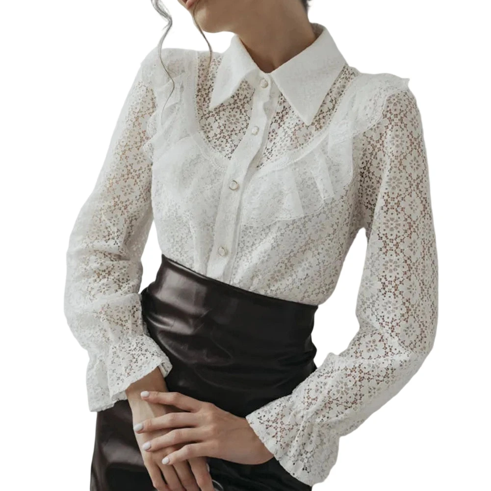 Womens Solid Color Lace Jacquard Blouse with Lapel and Long Sleeves Lightweight Top for Spring Fall Summer Seasons
Womens Solid Color Lace Jacquard Blouse with Lapel and Long Sleeves Lightweight Top for Spring Fall Summer Seasons