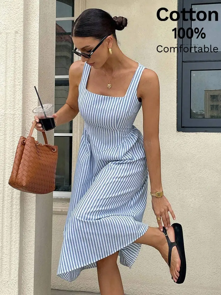 Women's Blue White Striped Square Neck Sleeveless Midi Dress Cotton Comfortable
Women's Blue White Striped Square Neck Sleeveless Midi Dress Cotton Comfortable
