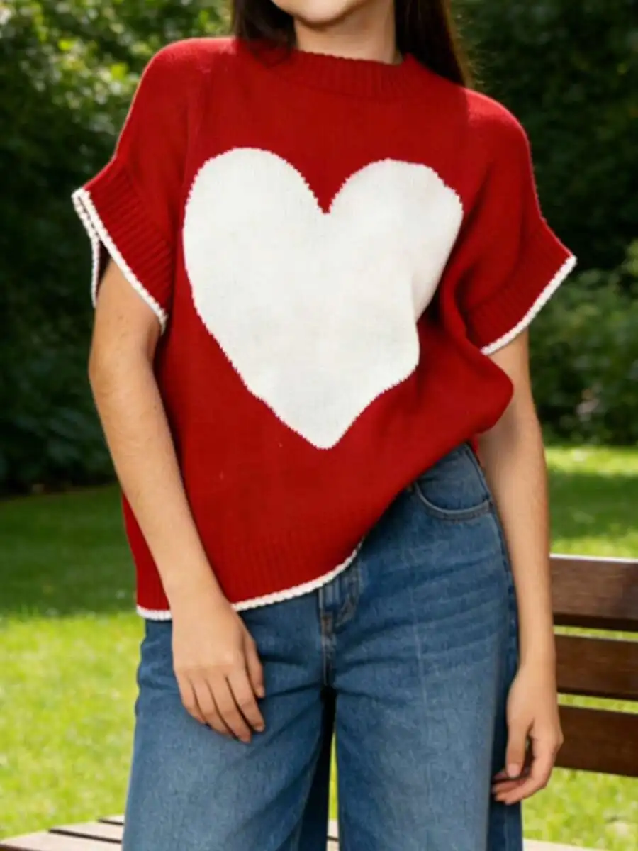 Women Red Knit Pullover With White Heart Pattern Short Sleeve Casual Top
Women Red Knit Pullover With White Heart Pattern Short Sleeve Casual Top