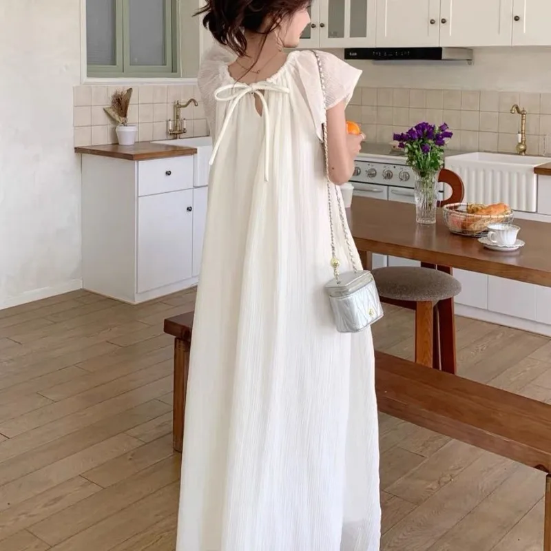 Tie Women Nightgown Short Sleeve Sleepwear Nightwear Korean Fashion Home Wears Summer One Piece Pajamas Solid Night Dress New 
Tie Women Nightgown Short Sleeve Sleepwear Nightwear Korean Fashion Home Wears Summer One Piece Pajamas Solid Night Dress New