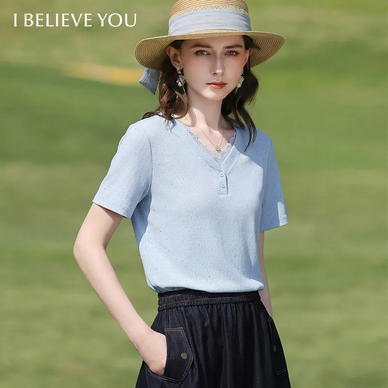 I BELIEVE YOU Blue Color Dot V-Neck Short Sleeved T-Shirt For Women 2026 Summer New Lace Splicing Collar Casual Top 2262016355
I BELIEVE YOU Blue Color Dot V-Neck Short Sleeved T-Shirt For Women 2026 Summer New Lace Splicing Collar Casual Top 2262016355