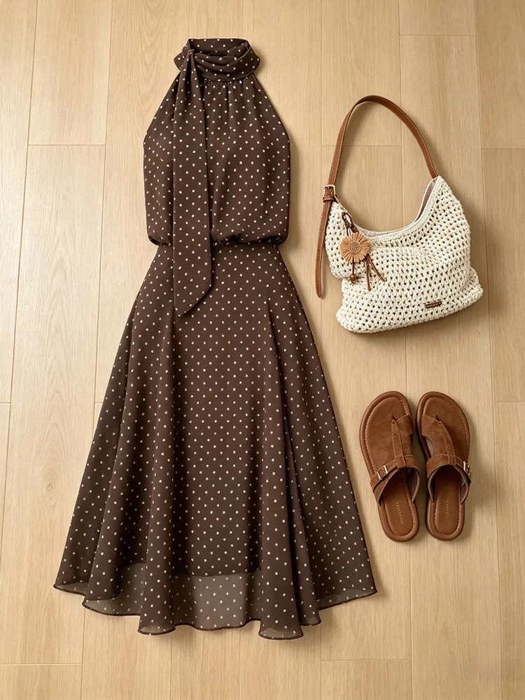 Retro Polka Dot Halter Neck Top High Waist Skirt Set Summer Elegance Two Piece Set Women's Coffee Color Half Body Skirt
Retro Polka Dot Halter Neck Top High Waist Skirt Set Summer Elegance Two Piece Set Women's Coffee Color Half Body Skirt